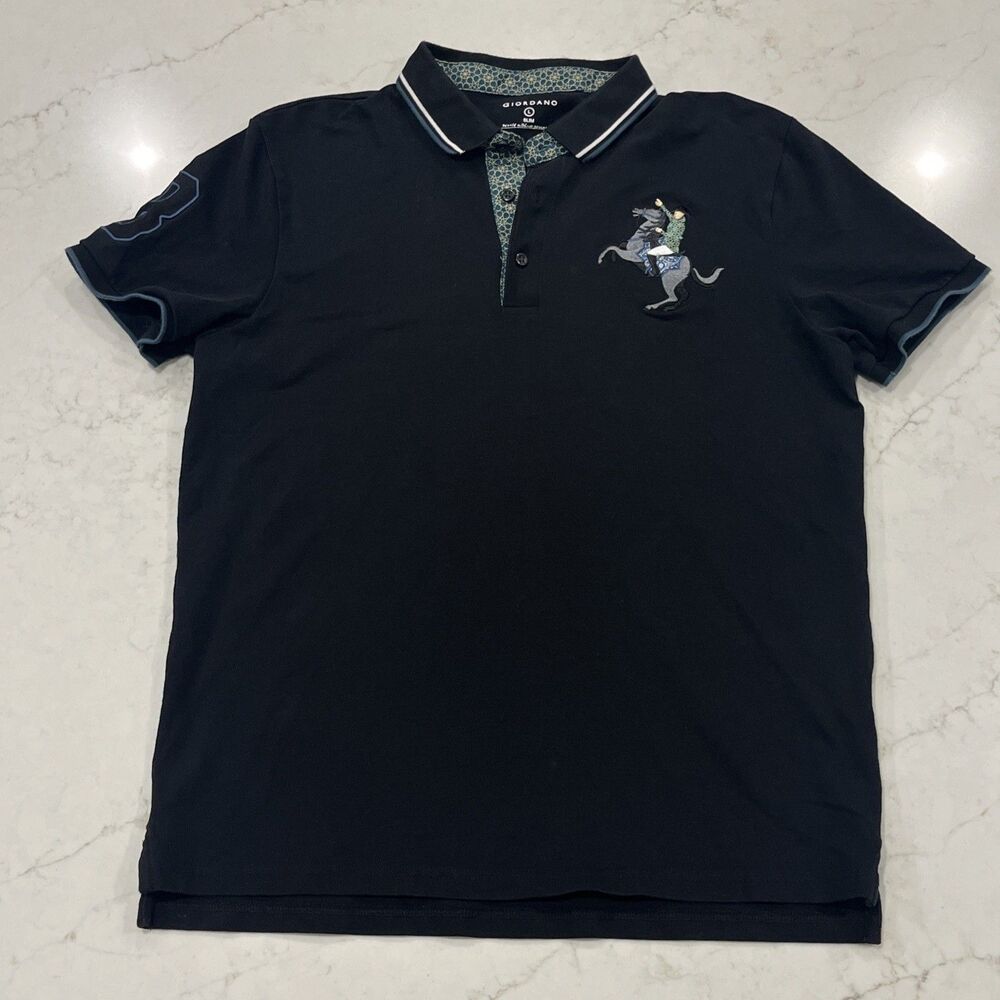 Giordano Mens #8‎ Polo Slim Fit Shirt Large Black Napoleon Embroidered Short Slv